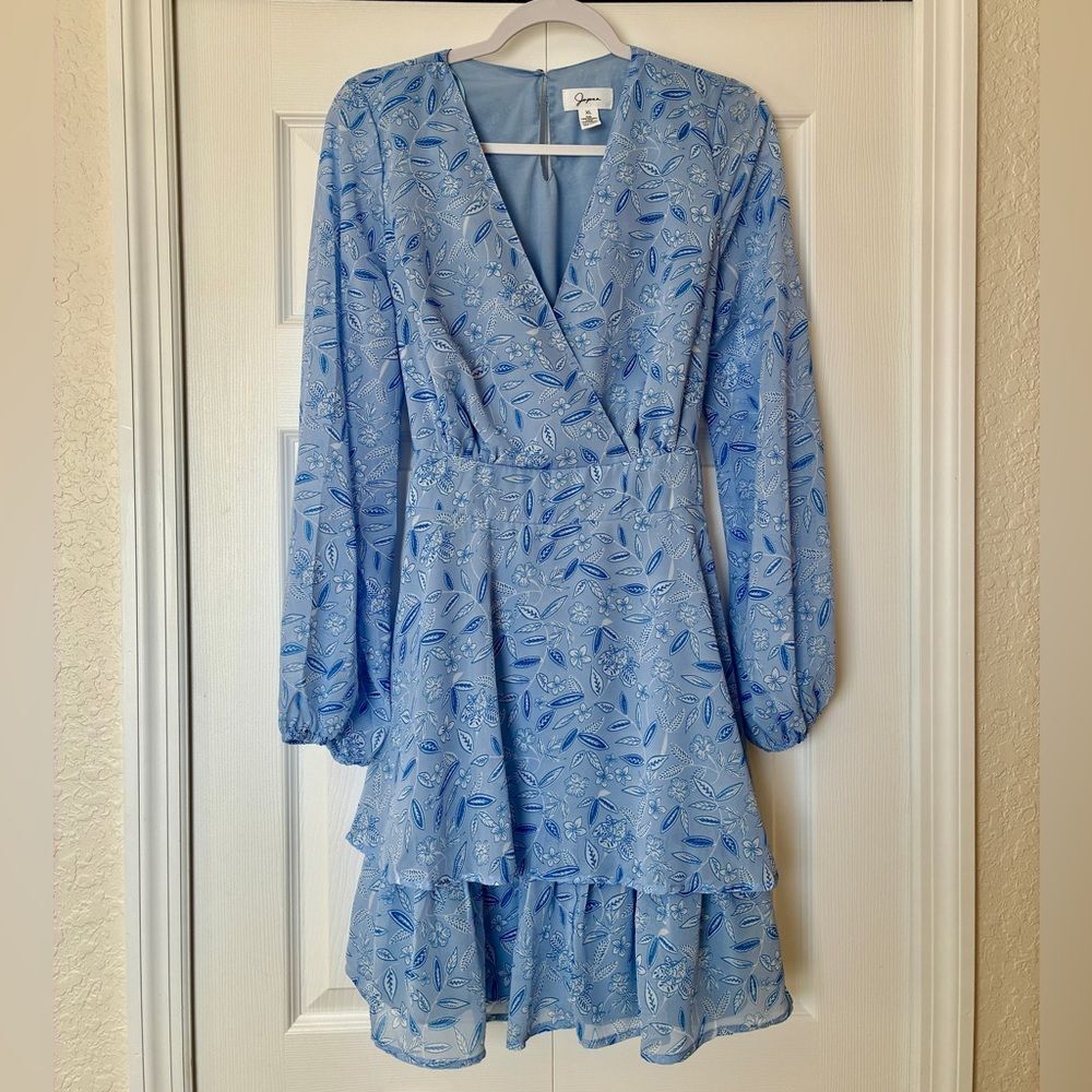 Japna Faux Wrap Dress XL Blue Floral Long Sleeve Flowy Tiered Hem Cottagecore